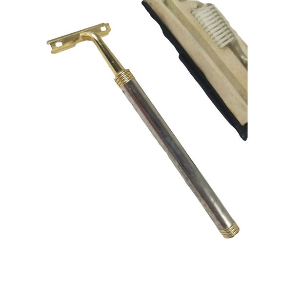Rare Vintage Trazor Travel Razor 3 Pc Set Shaver Toothbrush Screw On Handle 50s - Picture 5 of 10